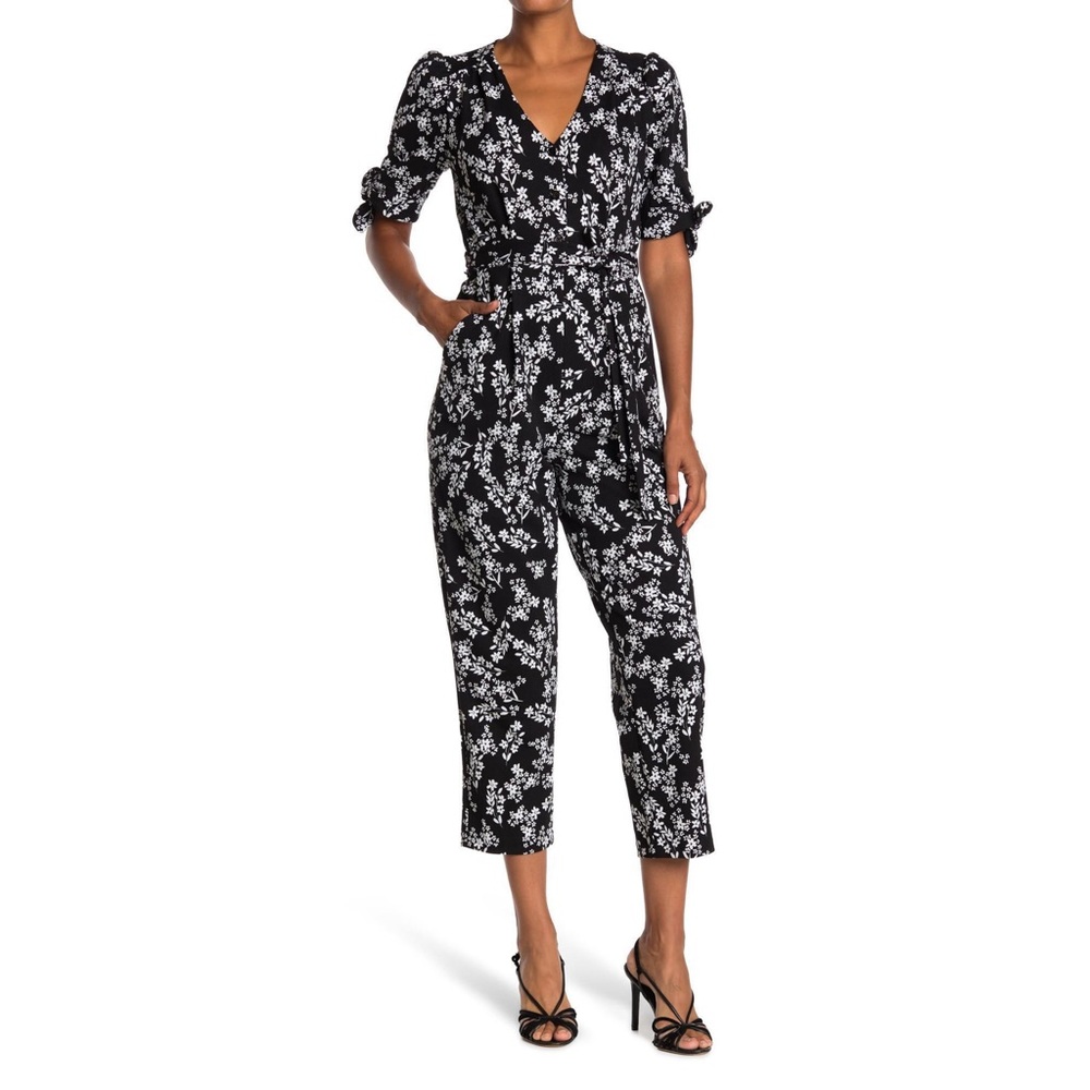 Black Floral Stretch Tie Sleeve Cocktail Jumpsuit